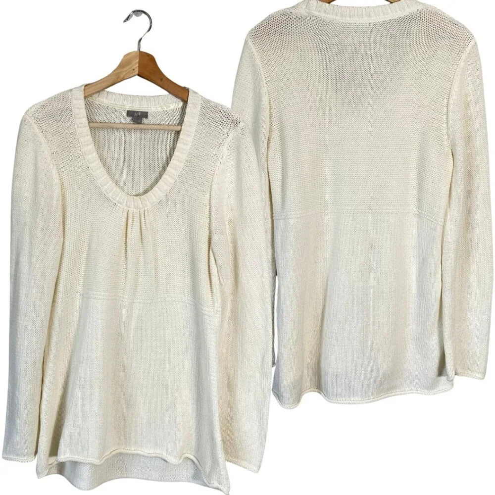 J. Jill Scoop Neck Knit Pullover Sweater Women's Medium Ivory Cozy Comfy Classic